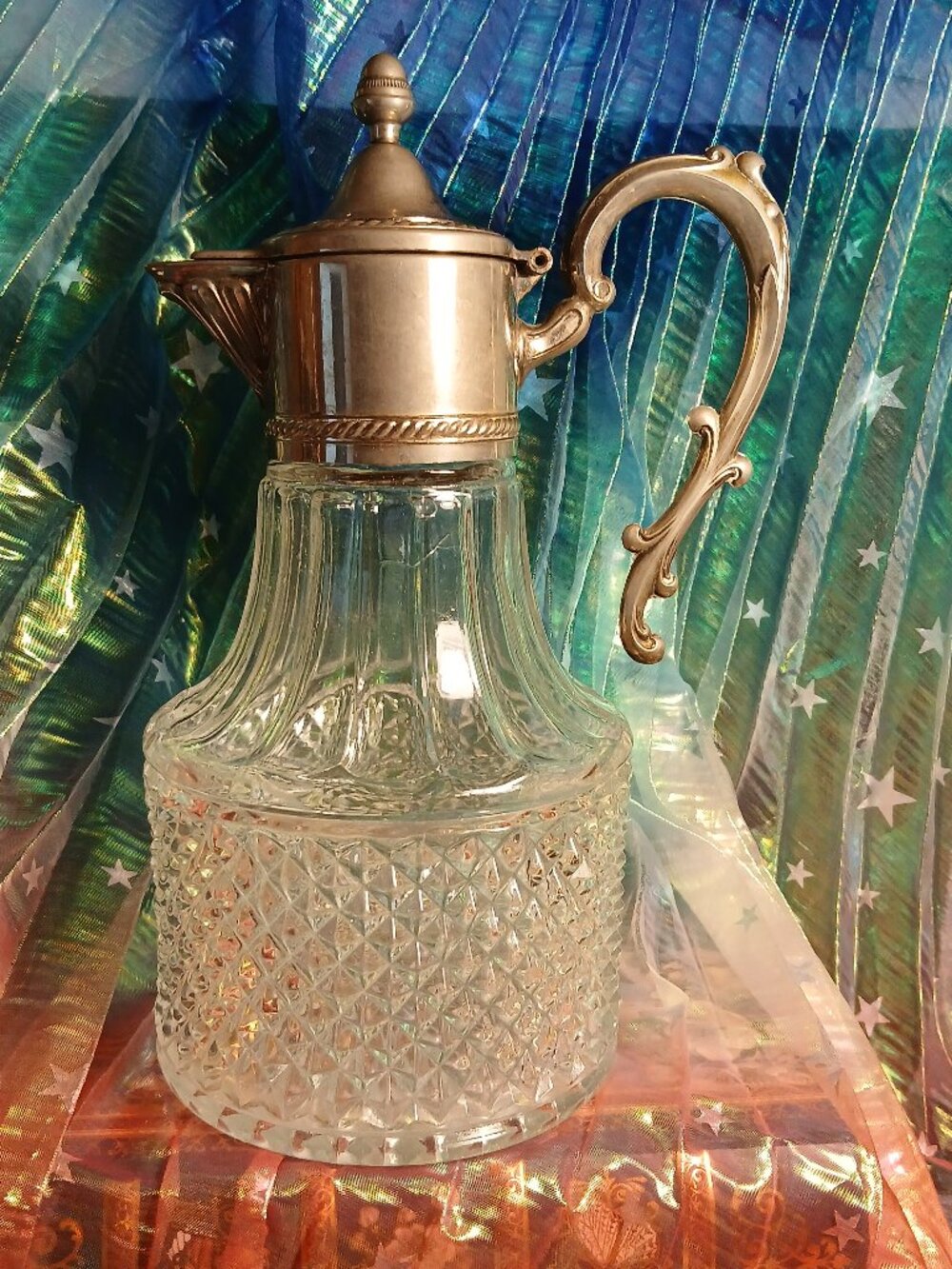 Vintage Italian Silver Plated & Cut Glass Claret Jug Wine Decanter, Mid-Century